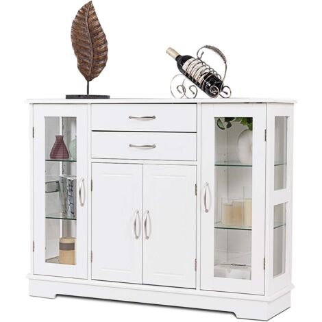 Goplus – Buffet de cuisine 107x30x82cm – Meuble de rangement avec 2 tiroirs et 3 compartiments – Verre trempé – Design moderne blanc (1/5)