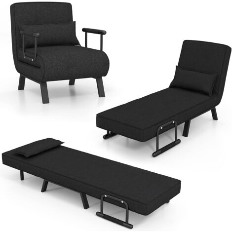 Goplus – Canapé-lit convertible 1 place avec dossier réglable 6 positions – Oreiller amovible – Tissu en lin – Noir – Support jusqu'à 150 kg