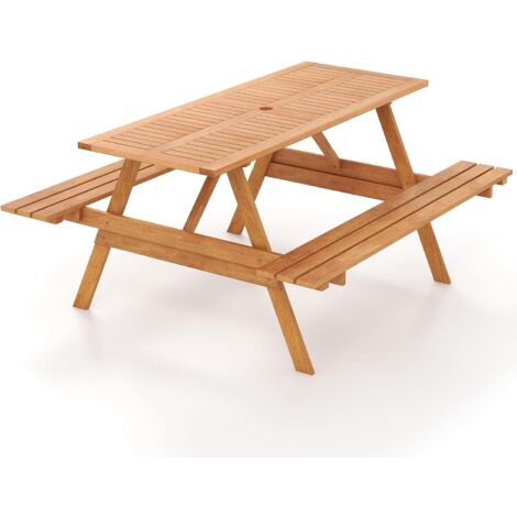 GOPLUS Table de Pique-Nique avec Bancs en Bois, Table de Salle à Manger d'Extérieur Rectangulaire pour 6 Personnes avec Trou pour Parasol, pour Patio, Terrasse, Jardin, Naturel