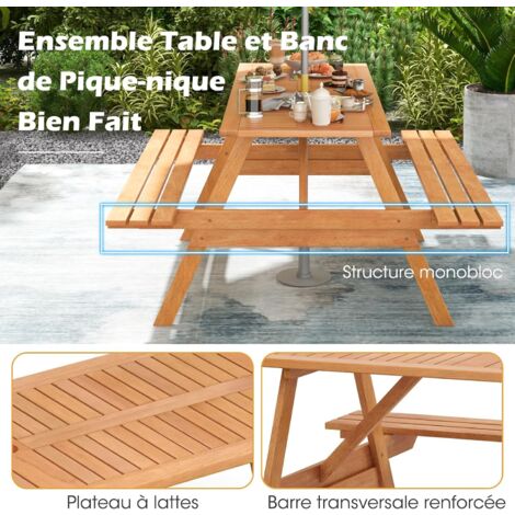 Table de pique-nique d'extérieur en bois pour 6 personnes, pour jardin, jardin, lasuré