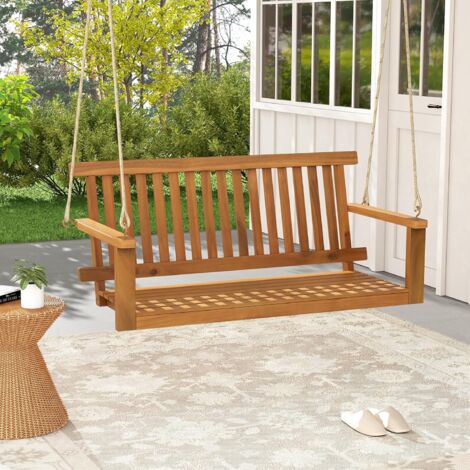 GOPLUS Balançelle de Porche 2 Places en Bois d'Acacia, Chaise Suspendue pour 2 Personnes, Siège et Dossier à Lattes, Capacité 360 kg, Balançoire pour Jardin, Cour, 130 x 63 x 57 cm Naturel (1/5)