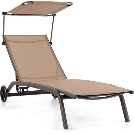GOPLUS Chaise Longue avec Pare-Soleil Réglable-Bain de Soleil Dossier Réglable à 6 Niveaux avec Roulettes-Charge 150KG Marron (1/5)