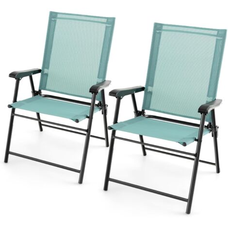 GOPLUS Lot de 2 Chaises de Jardin Pliantes, avec Accoudoirs, Tissu Respirant & Cadre Métallique Solide, Chaises Portatives Légères à Dossier en Toile pour Jardin, Terrasse, Patio (Vert Menthe)