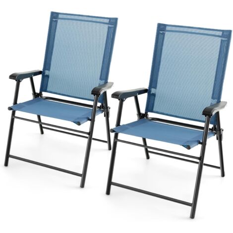 GOPLUS Lot de 2 Chaises de Jardin Pliantes, avec Accoudoirs, Tissu Respirant & Cadre Métallique Solide, Chaises Portatives Légères à Dossier en Toile pour Jardin, Terrasse, Patio (Bleu) (1/5)