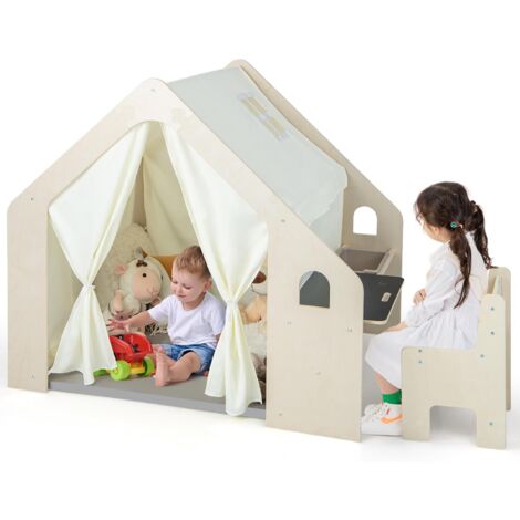 GOPLUS Tente d’Activité en Bois pour Enfants 2-6 Ans, Tente de Jeu 6 en 1 avec Tableau Noir, Table, Chaise, Bac, Tapis, 131x98x113cm