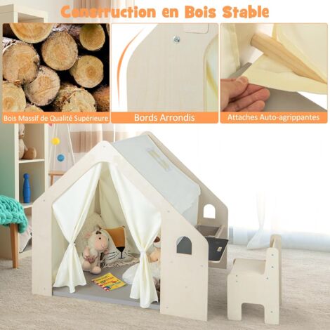Tente Maison De Jeu 6 En 1 Pour Enfants 2-6 Ans - Avec Table, Chaise, Tableau Et Rangement - Bois