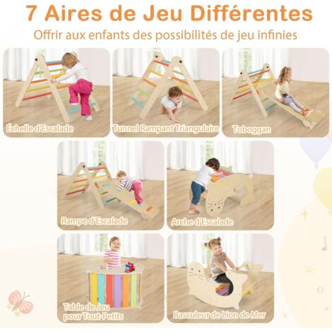 6 en 1 Toboggan - GOPLUS - Triangle d'escalade Montesorri Bois avec Échelle Triangle, Bascule Lion de Mer, 3-14 Ans & 60KG, Coloré