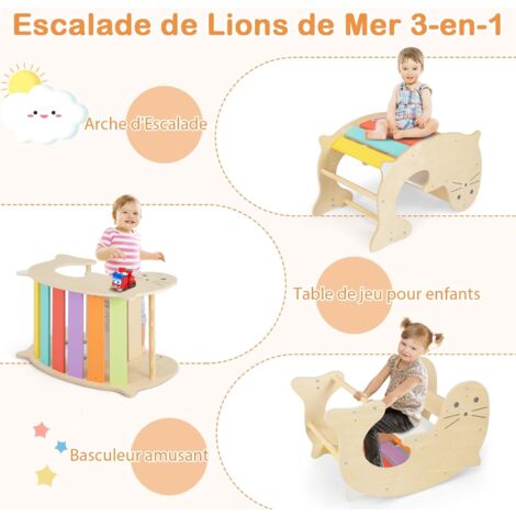 6 en 1 Toboggan - GOPLUS - Triangle d'escalade Montesorri Bois avec Échelle Triangle, Bascule Lion de Mer, 3-14 Ans & 60KG, Coloré