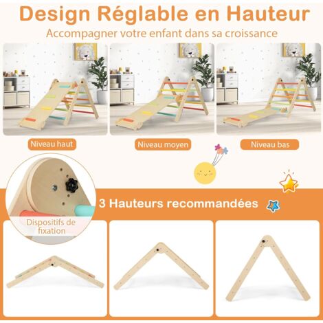 6 en 1 Toboggan - GOPLUS - Triangle d'escalade Montesorri Bois avec Échelle Triangle, Bascule Lion de Mer, 3-14 Ans & 60KG, Coloré