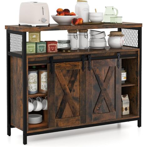 Goplus – Buffet de cuisine industriel 100x33x88cm – 2 portes coulissantes – 6 compartiments ouverts – Pieds réglables – Matériau bois et métal (1/5)