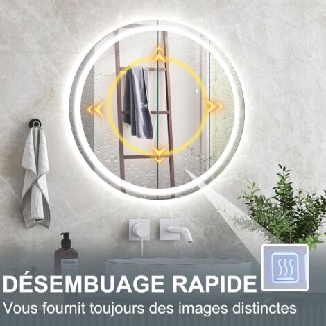 Miroir Salle De Bain Rectangulaire LED Anti-buée - 60x40cm, 3 Couleurs Réglables, Affichage Heure/température, IP44
