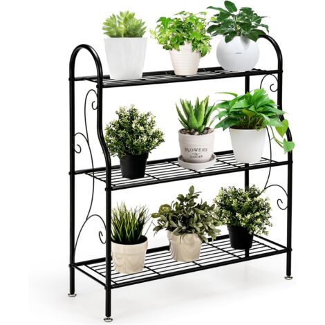 Goplus – Support pour plantes 3 niveaux en fer noir – Étagère imperméable avec pieds réglables – Dimensions 72x25x85 cm – Pour intérieur et extérieur (1/5)