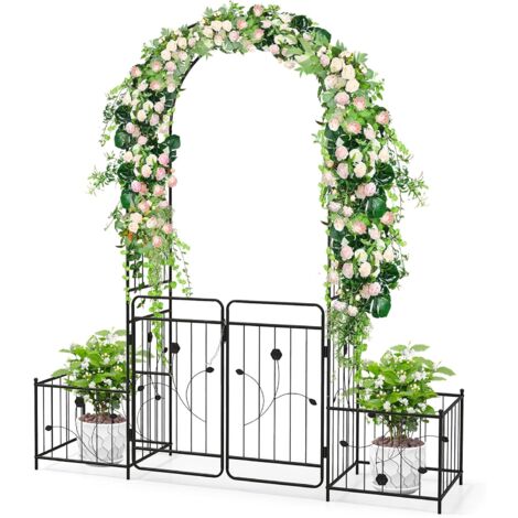 Goplus – Arche de jardin en métal avec 2 jardinières latérales – Portail verrouillable pour vignes et décorations – Dimensions 202x50x220 cm