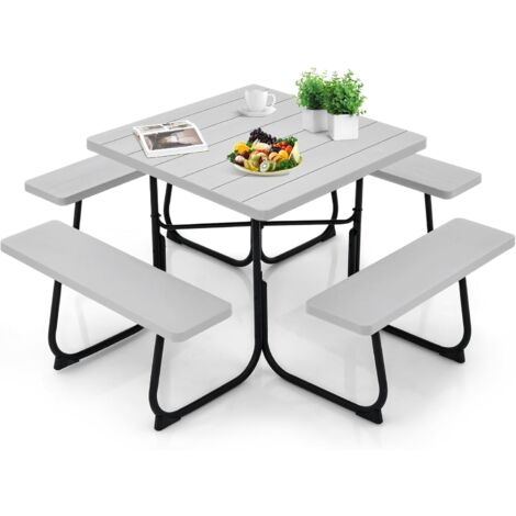 GOPLUS Table de Pique-Nique avec 4 Bancs Intégrés pour 4 à 8 Personnes, Table de Jadin en HDPE avec Trou pour Parasol, Table de Camping Carrée en Plein Air, Cadre en Métal, Capacité de 225KG (Gris) (1/5)