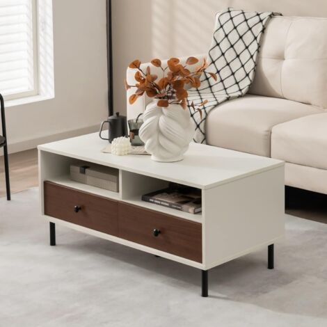 GOPLUS Table Basse avec Grandes Etagères et Tiroirs, Table Basse Rectangulaire avec Pieds en Métal Robuste, Moderne et Contemporain pour Maison,Salon,Bureau, Charge 90KG,95x48x45CM (1/5)