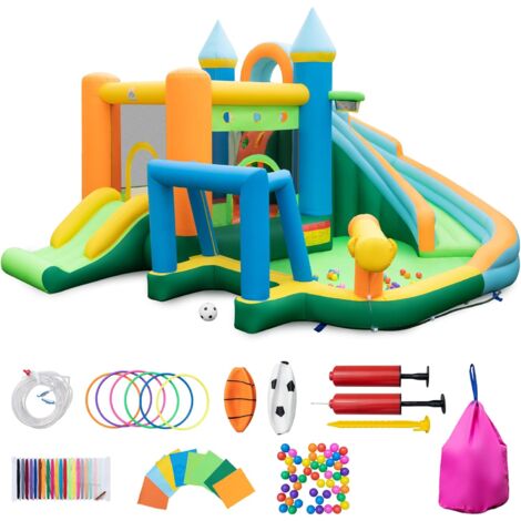 Goplus – Château gonflable 463x395x251 cm – 2 enfants – Charge 90 kg – Toboggans, mur d'escalade, piscine, canon à eau, basket-ball, football
