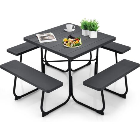 GOPLUS Table de Pique-Nique avec 4 Bancs Intégrés pour 4 à 8 Personnes, Table de Jadin en HDPE avec Trou pour Parasol, Table de Camping Carrée en Plein Air, Cadre en Métal, Capacité de 225KG (Noir)