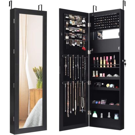 GOPLUS Armoire à Bijoux Murale avec Miroir Pleine Longueur,avec Lumières LED Automatiques Miroir Intégré,Serrure à Clé,Noir