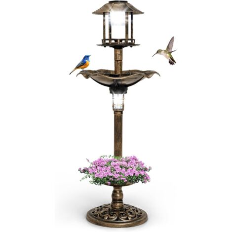 GOPLUS Bain d'oiseaux sur Pied Solaire, Mangeoire Oiseaux Extérieur avec 2 Lampes à Energie Solaire, Support Remplissable, 3 Piquets, Abreuvoir Oiseaux φ43x110cm pour Jardin, Cour (Bronze)