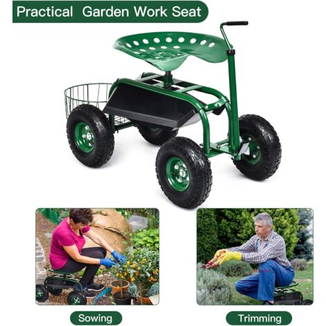 Tabouret De Jardin Mobile Avec Pneus – Cadre Acier – Charge 130 Kg – Vert – Pratique Pour Se Déplacer Au Jardin