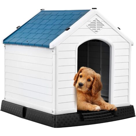 Goplus – Niche pour chien en plastique avec ventilation – Plancher surélevé – Toit étanche – Utilisation intérieure et extérieure – Bleu et blanc (S)