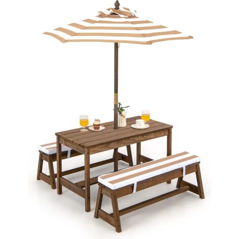 Goplus – Table enfant en bois avec parasol – Mobilier de jardin pour 4 enfants – Construction robuste en sapin – Dimensions 89x44x50cm