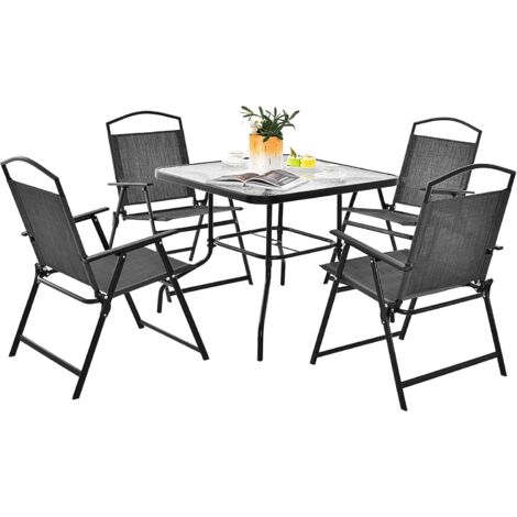GOPLUS Salon de Jardin 4 Personnes, Ensemble de Bistro 5 Pièces avec Table Verre Jardin+4 Chaises Pliant, Trou Parasol, Chaises Portable Pliable pour Jardin, Terrasse, Piscine (1/5)