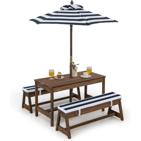 Goplus – Table enfant extérieure avec parasol – Ensemble 4 en 1 : 1 table, 2 bancs, 1 parasol – Bois de sapin durable – Dimensions 89x44x50cm