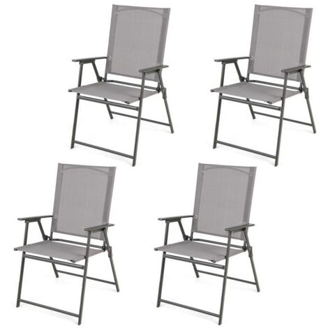 Goplus – Ensemble de 4 chaises de jardin pliantes en textilène – Dossier haut et accoudoirs – Charge maximale 150 kg – Pour terrasse et balcon – Gris