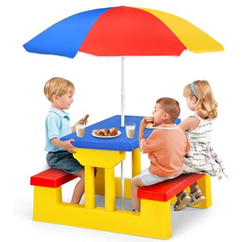 GOPLUS Ensemble de Jardin pour Enfant, Ensemble Table de Pique-Nique et Banc avec Parasol d’ Activite Exterieur, Jeu de Plein Air,Multicolore (Multicolore)