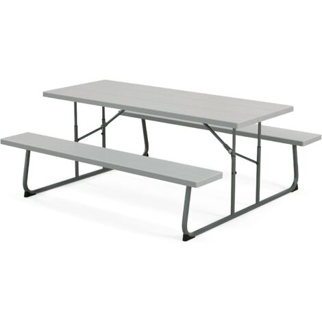 GOPLUS Table de Pique-Nique avec Bancs pour 8 Personnes, 183cm Table Pliant avec Chaise, Trou de Parasol 47mm, en HDPE & Métal, Ensemble de Meubles de Jardin pour Intérieur Extérieur, Charge 250KG Gri
