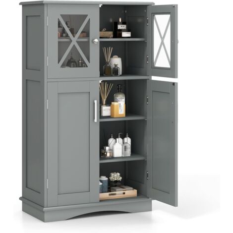 GOPLUS Meuble de Salle de Bain, 60 x 30 x 108 cm, Armoire de Toilette avec 3 Étagères Réglables, Finition Laquée Imperméable, Gris (1/5)