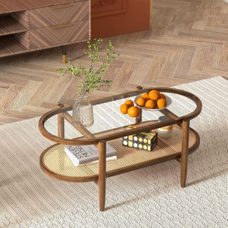 Goplus – Table basse ovale en verre trempé – Cadre en bois cintré – Étagère en polyrotin – Dimensions 102x56x47cm – Charge 35kg - 102x56x