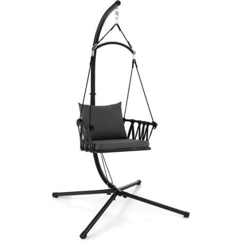 Fauteuil Suspendu Avec Support 208 Cm Chaise Balançoire Relaxation 2 Coussins Coton Anthracite Jusqu'à 120kg - Gamm Vert