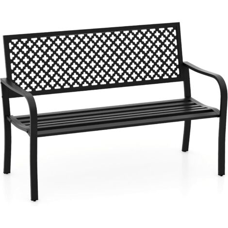 GOPLUS Banc d'Extérieur pour 2 Personnes, 127cm Banc de Jardin en Métal avec Dossier et Assise à Lattes, Accoudoirs Courbés Ergonomiques, Banc Moderne pour Véranda, Patio, Jardin, Parc (Noir) (1/5)