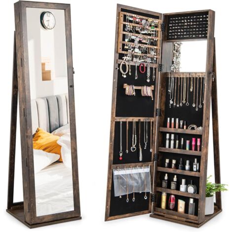 GOPLUS 2 en 1 Armoire a Bijoux Verrouillable sur Pied avec Psyche pour Bagues/Bracelets/Boucle d'Oreilles/Colliers, Organisateur de Bijoux pour Chambre/Salon, Polyvalent, Marron