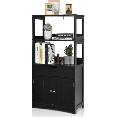 GOPLUS Meuble de Salle de Bain avec Tiroir et 2 Etagère, Meuble de Rangement en Bois du Style Minimaliste Moderne, pour Cuisine, Salon, Salle de Bain, 60 x 32,5 x 122 CM(Noir) (1/5)