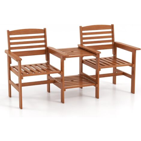 GOPLUS Salon de Jardin en Bois 3PCS 2 Personnes, Fauteuil/Chaise de Jardin Exterieur et Table Intégré avec Trou de Parasol, Ensemble de Meuble de Bistrot 2 Places pour Patio, Terrasse, Balcon (1/5)