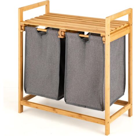 GOPLUS Panier à Linge en Bambou, Tireur à Linge avec 2 Compartiments, Corbeille à Linge Sale avec Étagère de Rangement, Sac à Linge avec Poignée Pratique, pour Salle de Bain, Buanderie, Salon (1/5)