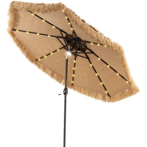 Goplus – Parasol de jardin inclinable 2,7m – Toit en chaume PE – 32 lumières LED solaires – Cadre métal robuste – Idéal pour plages et jardins