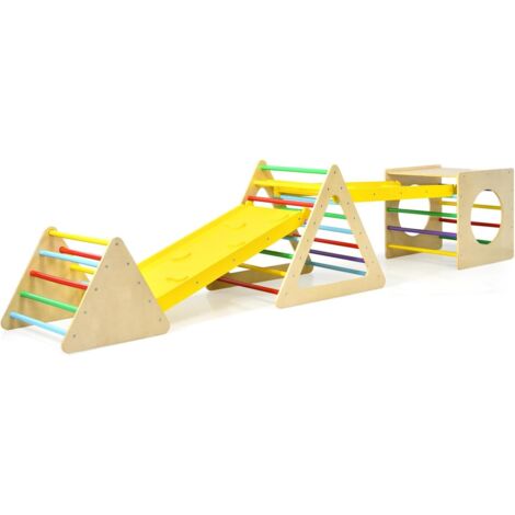 Triangle D'Escalade Montessori GOPLUS - Avec Filet, Toboggan Et Échelle - Enfants 1 An+