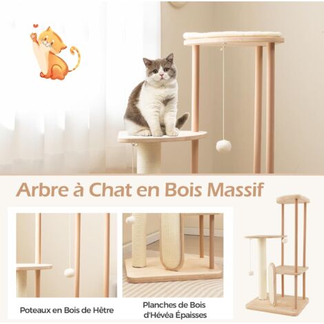 Arbre à Chat En Bois GOPLUS 152 Cm Avec 2 Niches, Hamac Et Plateformes - Poteaux En Sisal, Housses Amovibles, Stable - Couleur Beige