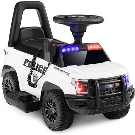 GOLUS Voiture de Police électrique pour Enfants, Voiture électrique à Batterie de 6V avec Mégaphone, Sirène et Lumières, Jouet électrique avec Fonctions Musicales Blanc