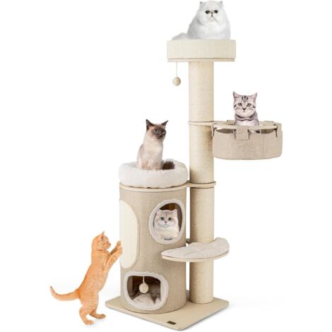 Goplus – Arbre à chat multi-niveaux 154cm – Condo 2 étages, 2 perchoirs, hamac en tissu faux lin – Poteaux à gratter sisal, balle interactive