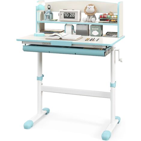 GOPLUS Bureau Enfant Fille Garcon, Table d'Étude Réglable en Hauteur avec Rangement, Plateau Inclinable à 7 Niveaux, Tiroir, Support à Livre, Bureau pour 3-12 Ans pour Maison École (Bleu)