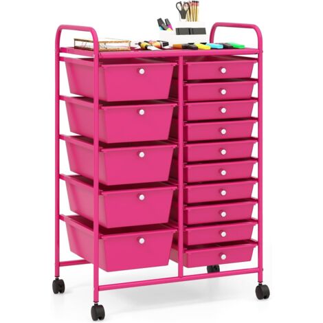 GOPLUS Chariot à roulettes avec 15 Tiroirs, Cadre en Fer&Tiroirs en Plastique, Chariot de Rangement à 4 Roulettes, 2 avec Frein, pour Chambre, Bureau, 63 x 37 x 87 CM (Rose Foncé)