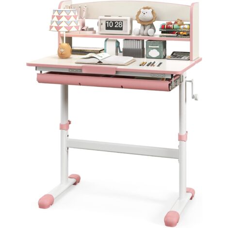 GOPLUS Bureau Enfant Fille Garcon, Table d'Étude Réglable en Hauteur avec Rangement, Plateau Inclinable à 7 Niveaux, Tiroir, Support à Livre, Bureau pour 3-12 Ans pour Maison École (Rose)