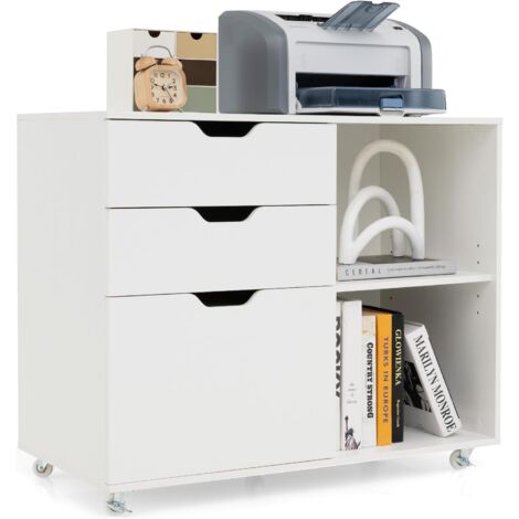 Goplus – Caisson bureau à roulettes en bois – 3 tiroirs et étagère réglable – Support d'imprimante mobile pour dossiers A4 – Dimensions 81x40x66,5cm (Blanc) (1/5)