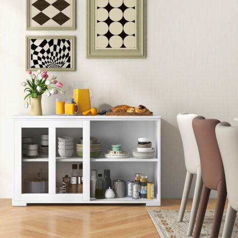 Goplus – Buffet bas avec 2 étagères – Tablette réglable en hauteur – Vaisselier avec porte coulissante – Meuble de rangement en MDF blanc (106,5 x 33 x 62,5 cm)