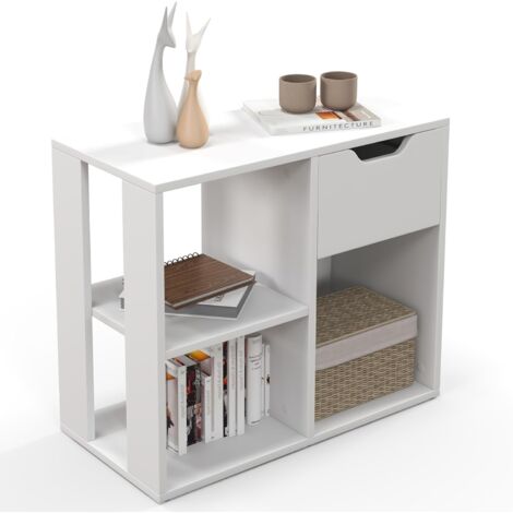 Goplus – Bibliothèque basse 3 compartiments avec tiroir – 2 étagères ouvertes – Dimensions 60x30x53cm – Meuble de rangement blanc moderne (1/5)
